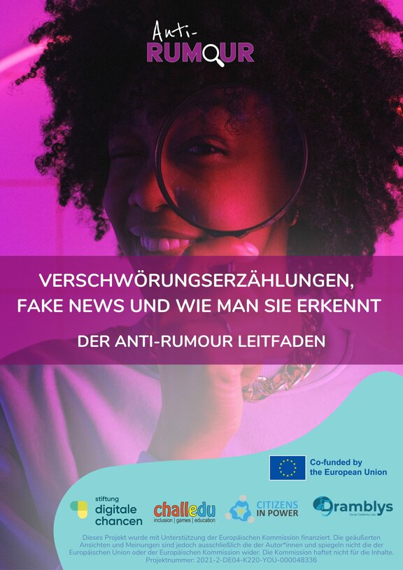 Titelseite des Leitfadens "Verschwörungserzählungen, Fake News und wie man sie erkennt"  