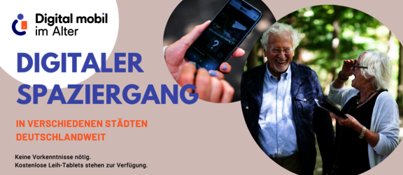 SharePic: Eingebettet ist ein Foto von einer Seniorin und einem Senior, die sich draußen befinden und lachen. Die Frau hält ein Mobiltelefon in der Hand.