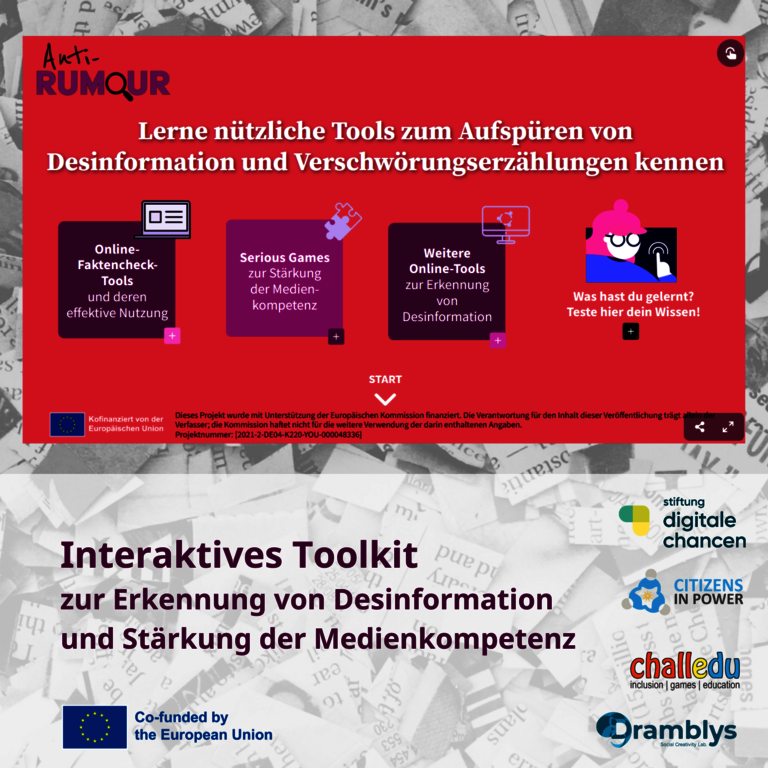 Vorschaubild Toolkit mit Aufschrift "Interaktives Toolkit zur Erkennung von Desinformation und Stärkung der Medienkompetenz" 